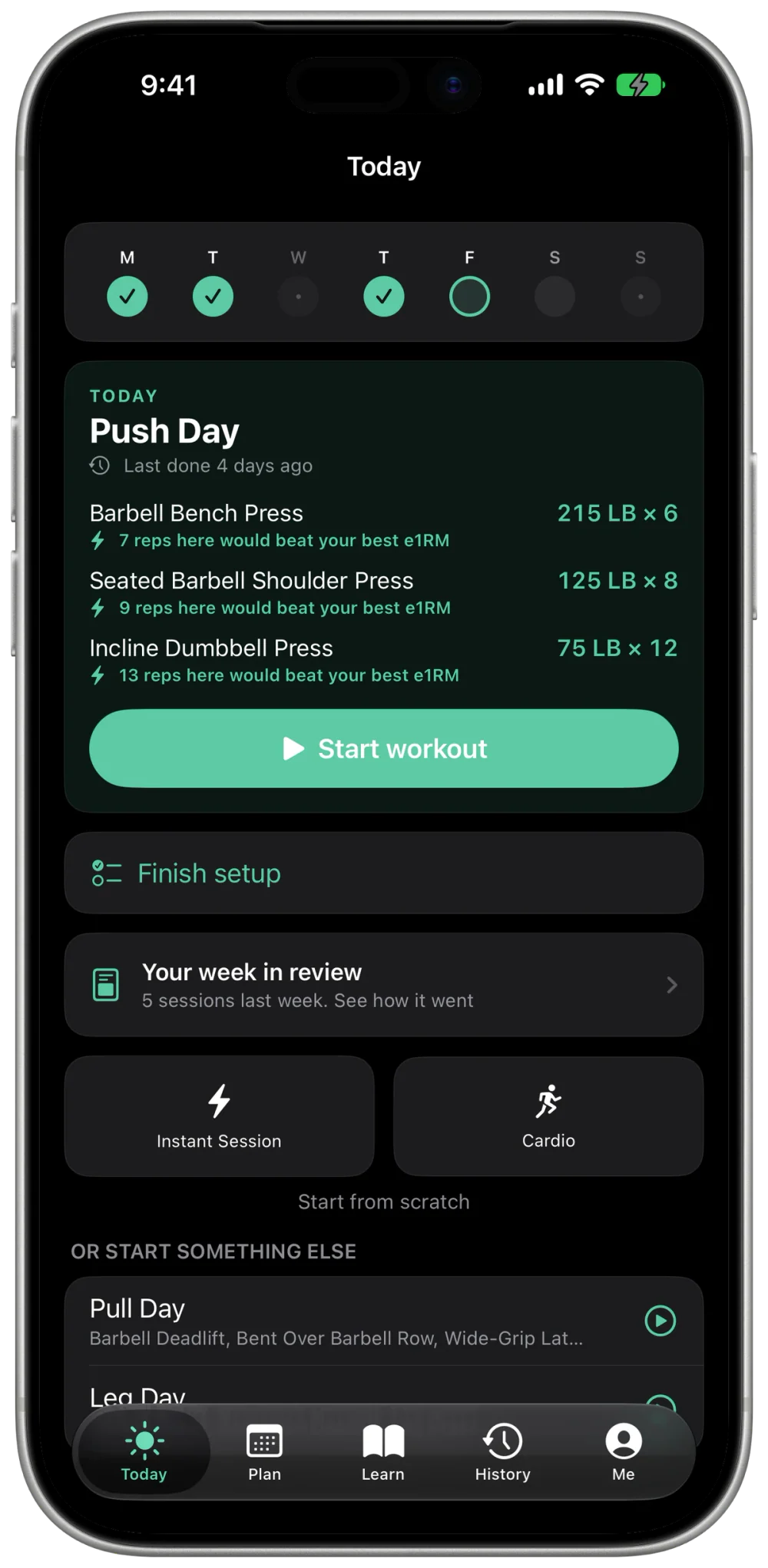 MyoAmigo Today screen: this week's plan strip and Push Day ready to start, with Bench Press 215 lb × 6 loaded